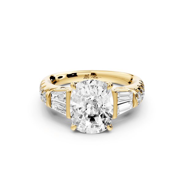 Aria - 3ct 14k yellow gold Elongated Cushion Diamond with tapered baguettes and round accent stones engagement ring - Mr. Alex Jewelry
