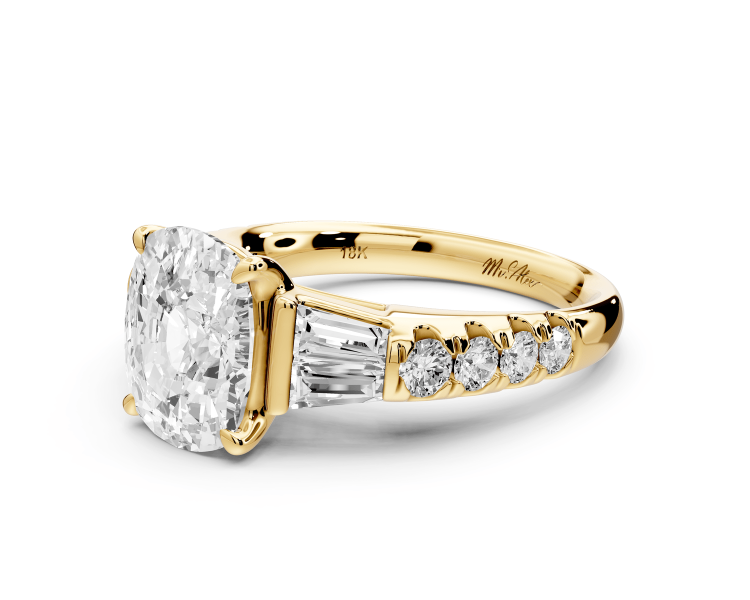 Aria - 3ct 14k yellow gold Elongated Cushion Diamond with tapered baguettes and round accent stones engagement ring - Mr. Alex Jewelry