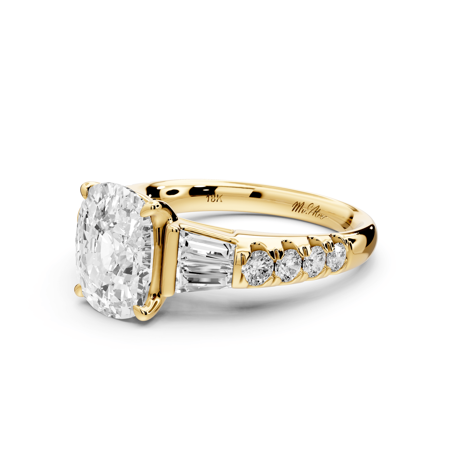 Aria - 3ct 14k yellow gold Elongated Cushion Diamond with tapered baguettes and round accent stones engagement ring - Mr. Alex Jewelry