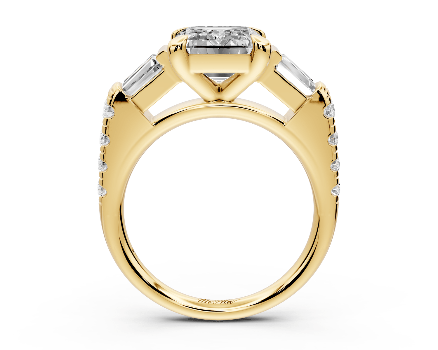 Aria - 3ct 14k yellow gold emerald Diamond with tapered baguettes and round accent stones Engagement ring - Mr. Alex Jewelry