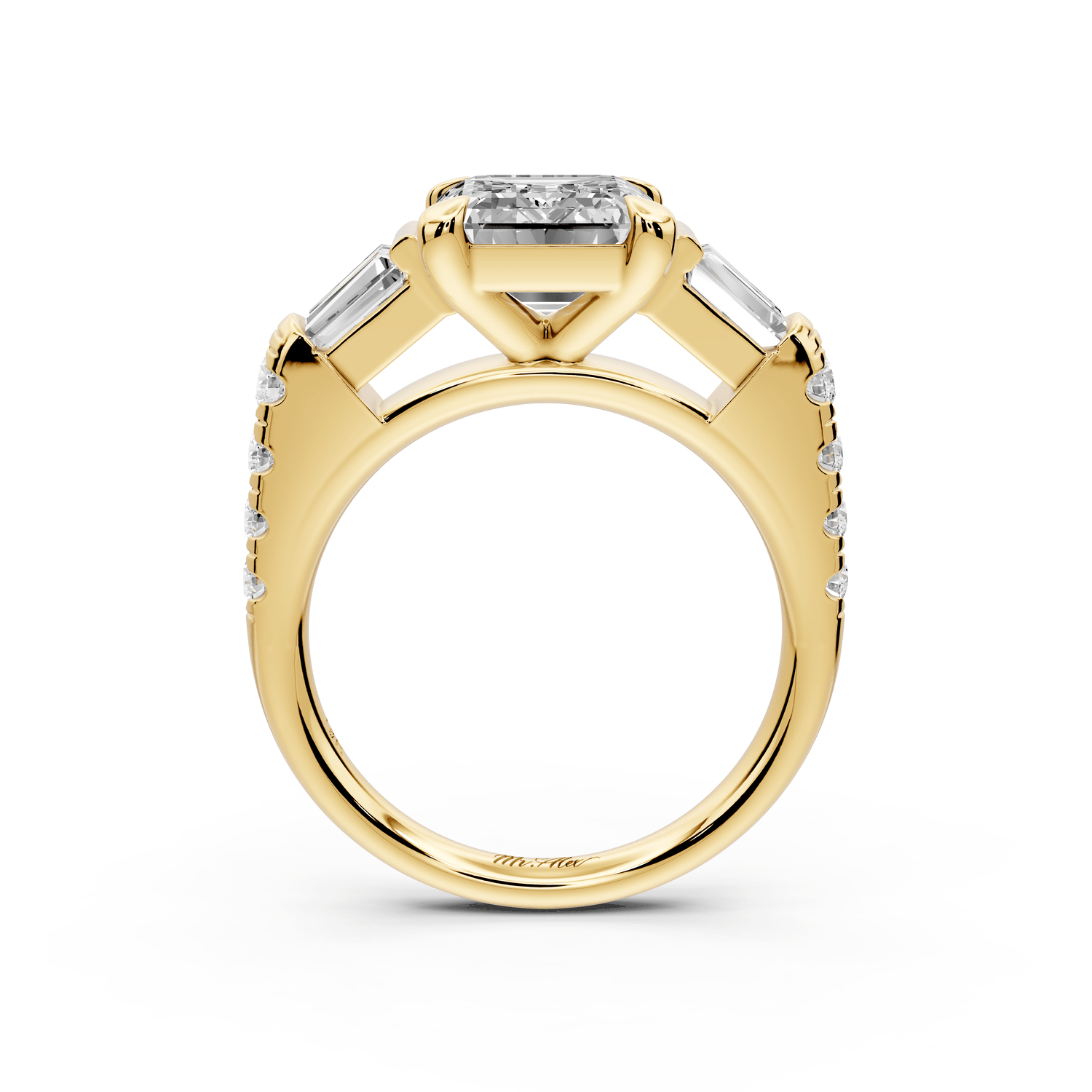 Aria - 3ct 14k yellow gold emerald Diamond with tapered baguettes and round accent stones Engagement ring - Mr. Alex Jewelry