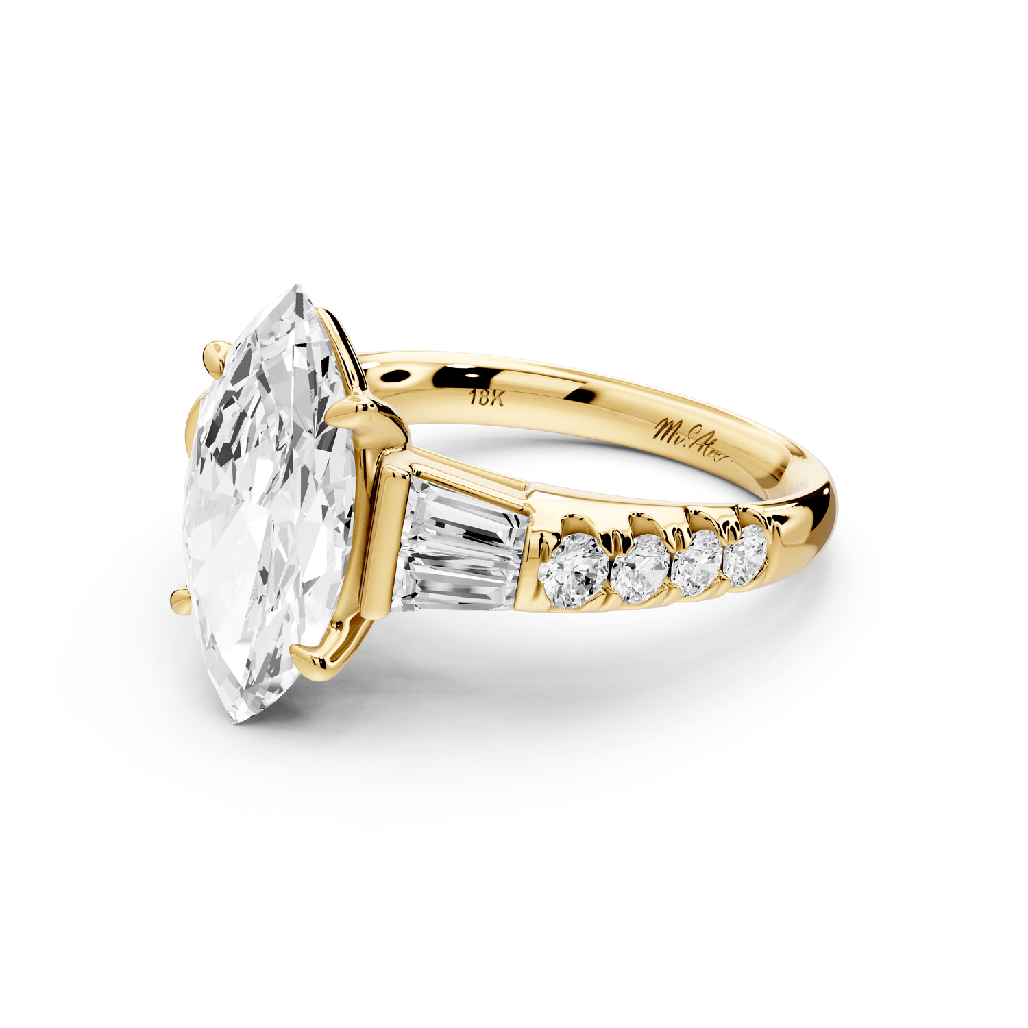 Aria - 3ct 14k yellow gold marquise Diamond with tapered baguettes and round accent stones engagement ring - Mr. Alex Jewelry