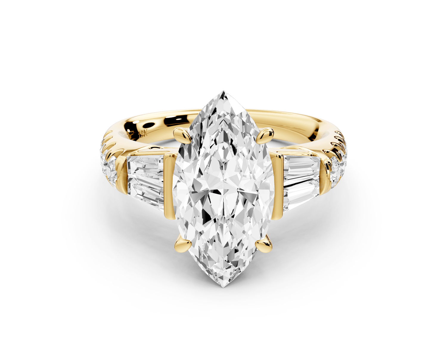 Aria - 3ct 14k yellow gold marquise Diamond with tapered baguettes and round accent stones engagement ring - Mr. Alex Jewelry