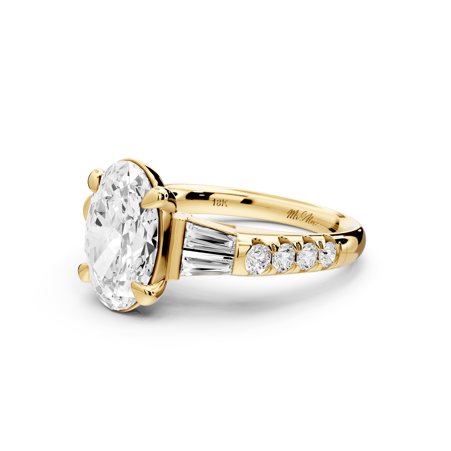Aria - 3ct 14k yellow gold oval Diamond with tapered baguettes and round accent stones Engagement ring - Mr. Alex Jewelry