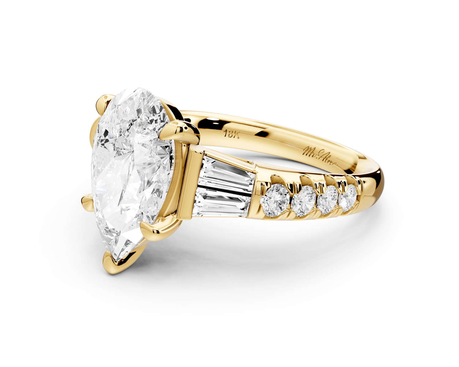 Aria - 3ct 14k yellow gold pear Diamond with tapered baguettes and round accent stones Engagement ring - Mr. Alex Jewelry