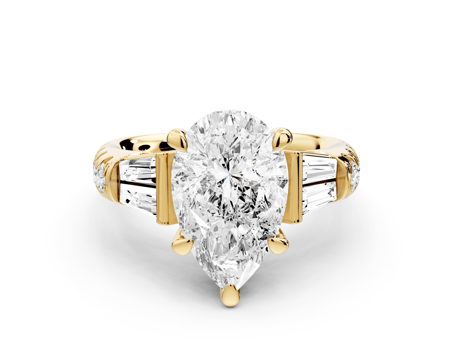 Aria - 3ct 14k yellow gold pear Diamond with tapered baguettes and round accent stones Engagement ring - Mr. Alex Jewelry