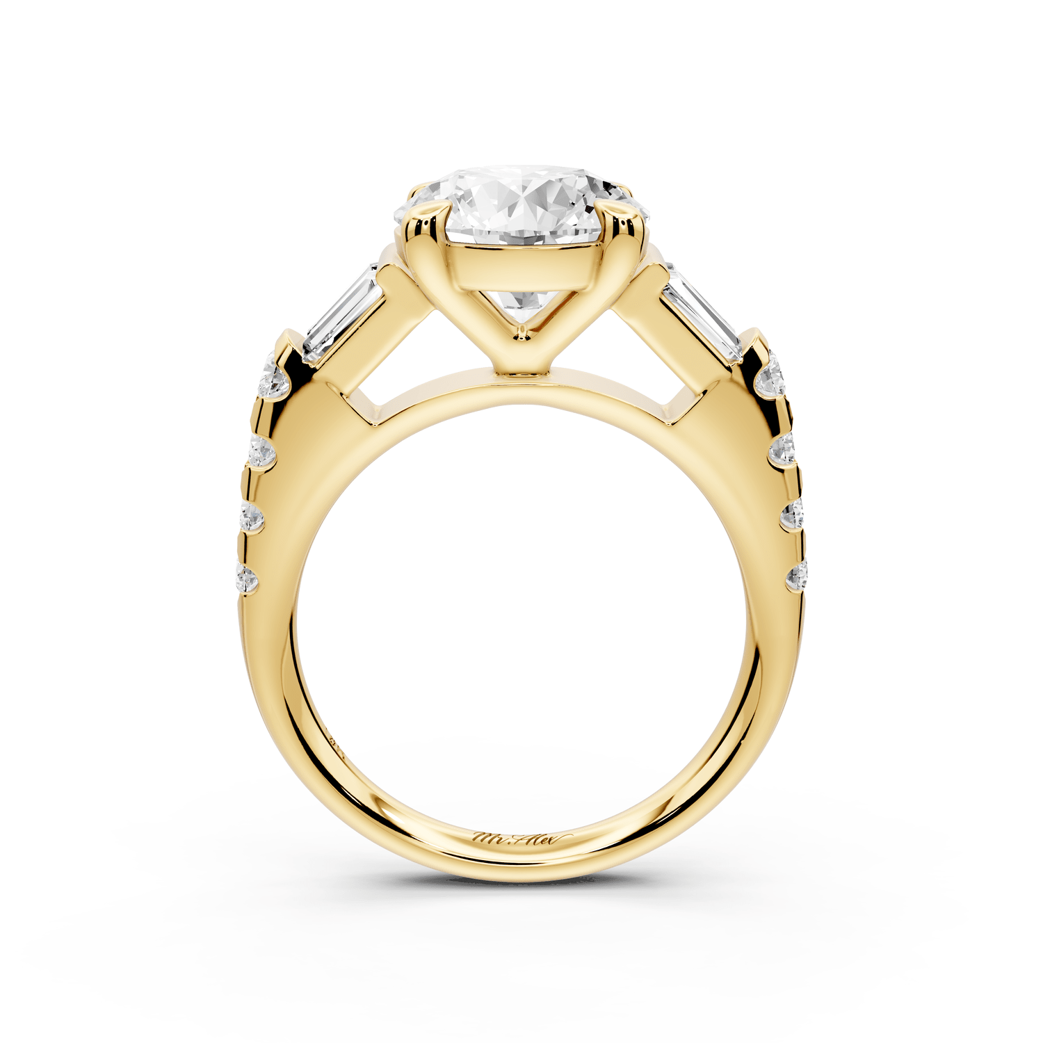 Aria - 3ct 14k yellow gold round Diamond with tapered baguettes and round accent stones engagment ring - Mr. Alex Jewelry