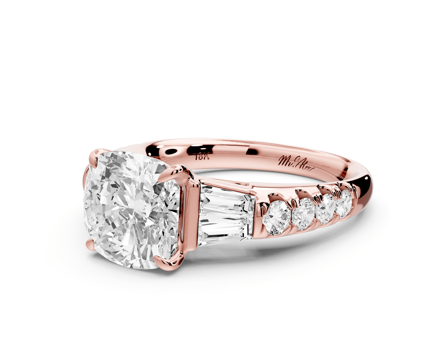 Aria - 3ct 18k rose gold cushion Diamond with tapered baguettes and round accent stones engagement ring - Mr. Alex Jewelry