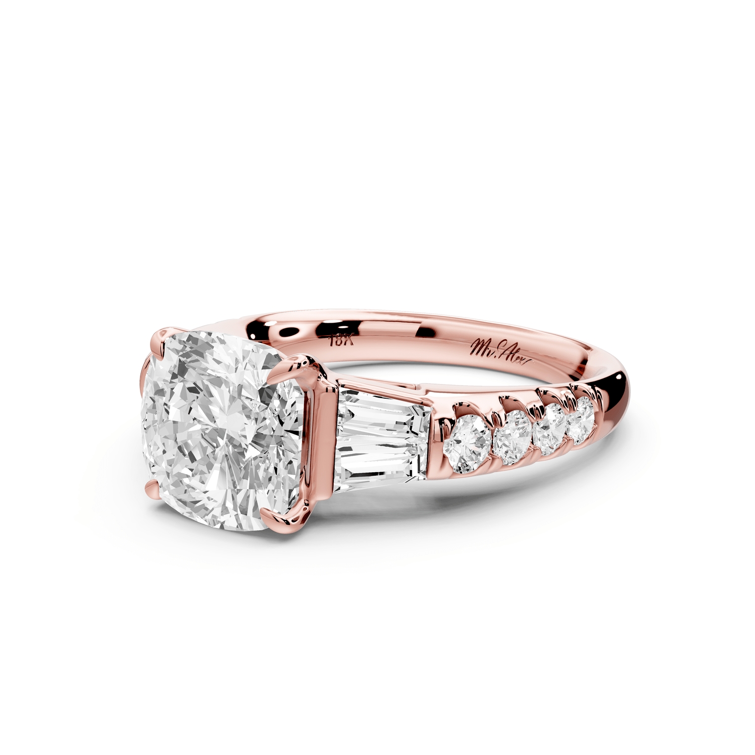 Aria - 3ct 18k rose gold cushion Diamond with tapered baguettes and round accent stones engagement ring - Mr. Alex Jewelry