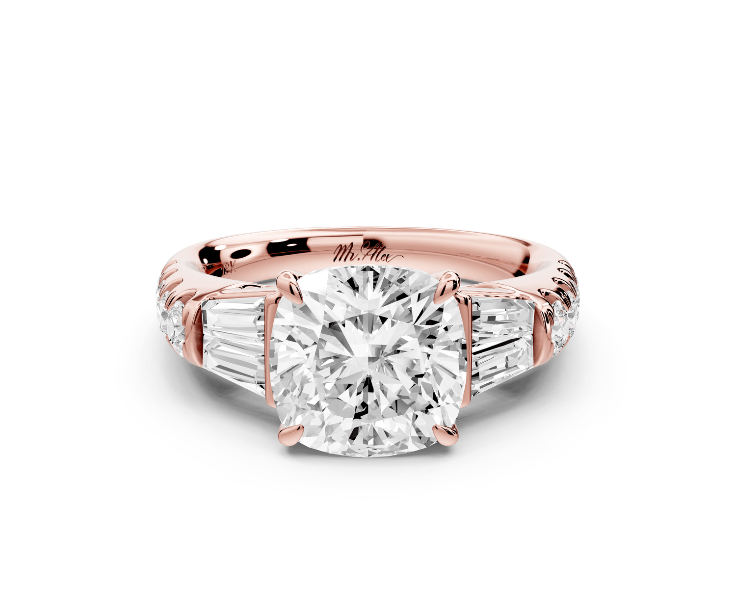 Aria - 3ct 18k rose gold cushion Diamond with tapered baguettes and round accent stones engagement ring - Mr. Alex Jewelry