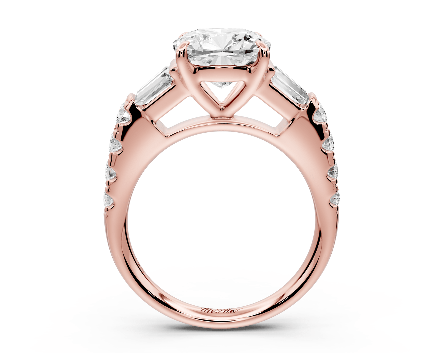 Aria - 3ct 18k rose gold cushion Diamond with tapered baguettes and round accent stones engagement ring - Mr. Alex Jewelry