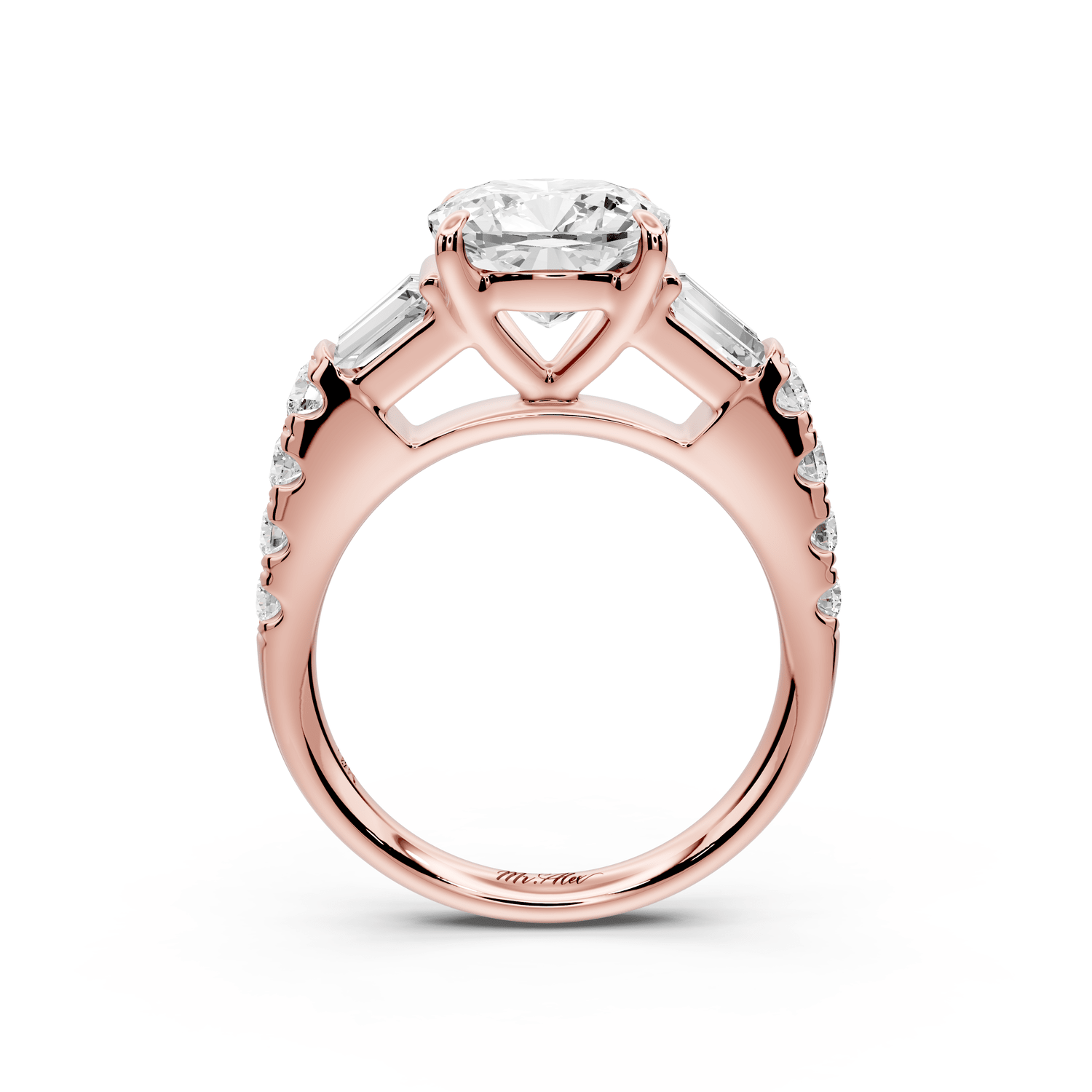 Aria - 3ct 18k rose gold cushion Diamond with tapered baguettes and round accent stones engagement ring - Mr. Alex Jewelry