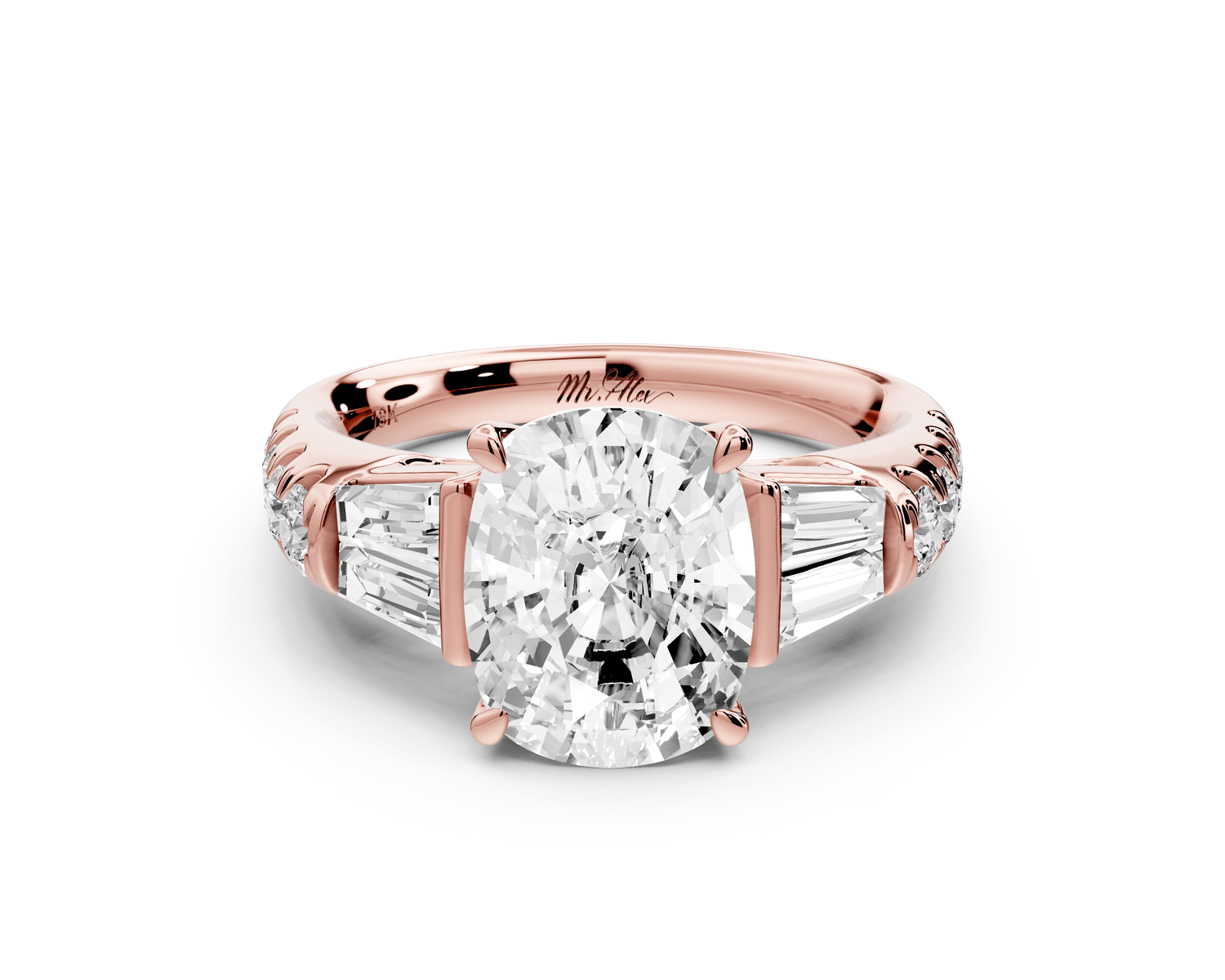 Aria - 3ct 18k rose gold Elongated Cushion Diamond with tapered baguettes and round accent stones engagement ring - Mr. Alex Jewelry