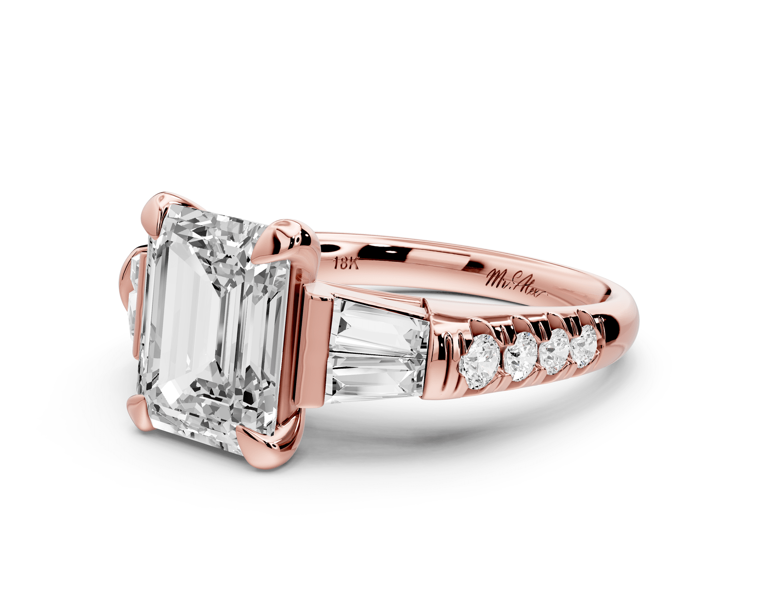 Aria - 3ct 18k rose gold emerald Diamond with tapered baguettes and round accent stones Engagement ring - Mr. Alex Jewelry