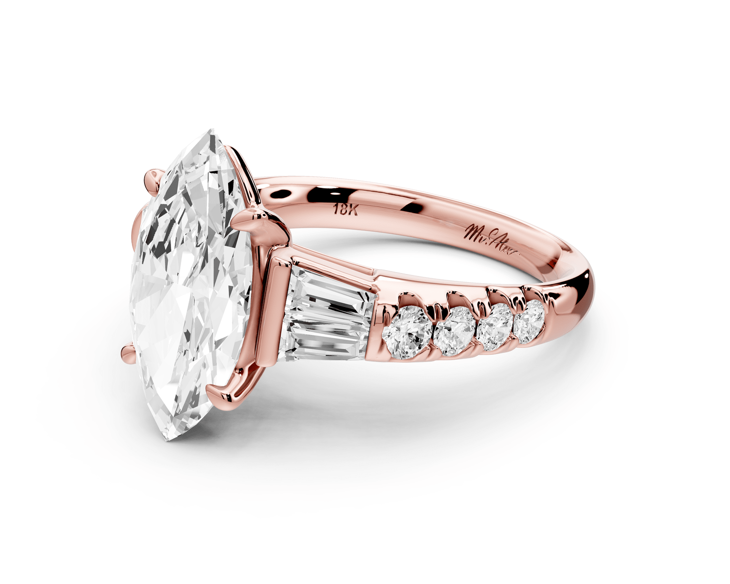 Aria - 3ct 18k rose gold marquise Diamond with tapered baguettes and round accent stones engagement ring - Mr. Alex Jewelry