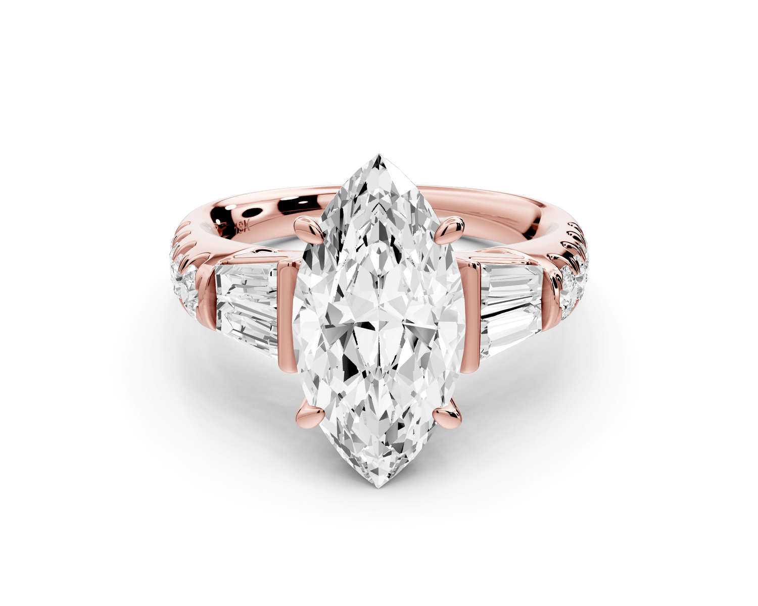Aria - 3ct 18k rose gold marquise Diamond with tapered baguettes and round accent stones engagement ring - Mr. Alex Jewelry