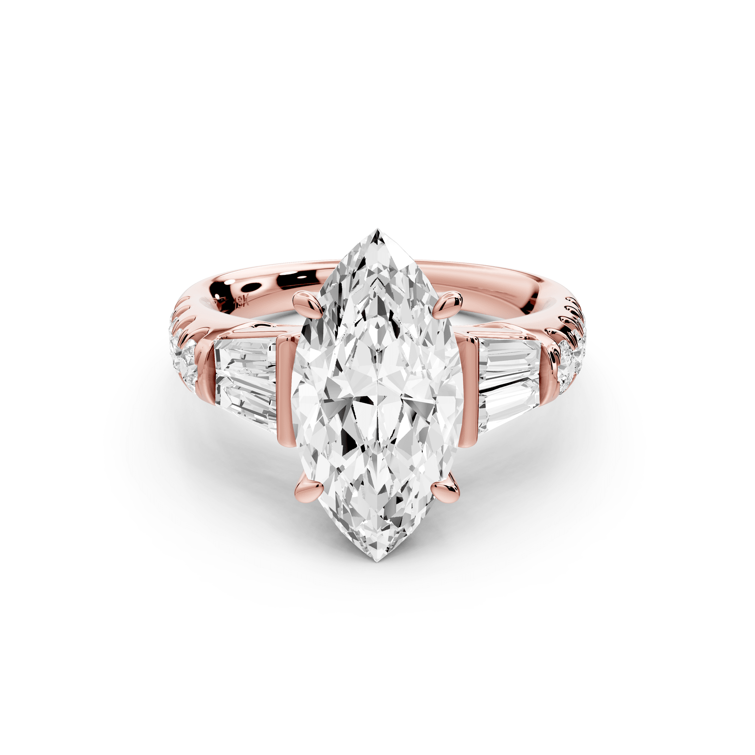 Aria - 3ct 18k rose gold marquise Diamond with tapered baguettes and round accent stones engagement ring - Mr. Alex Jewelry