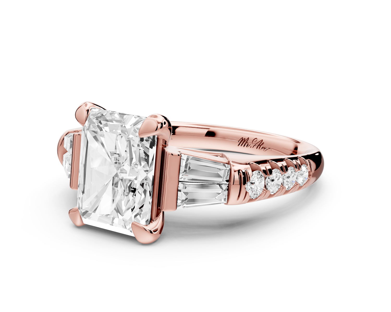 Aria - 3ct 18k rose gold radiant Diamond with tapered baguettes and round accent stones engagement ring - Mr. Alex Jewelry
