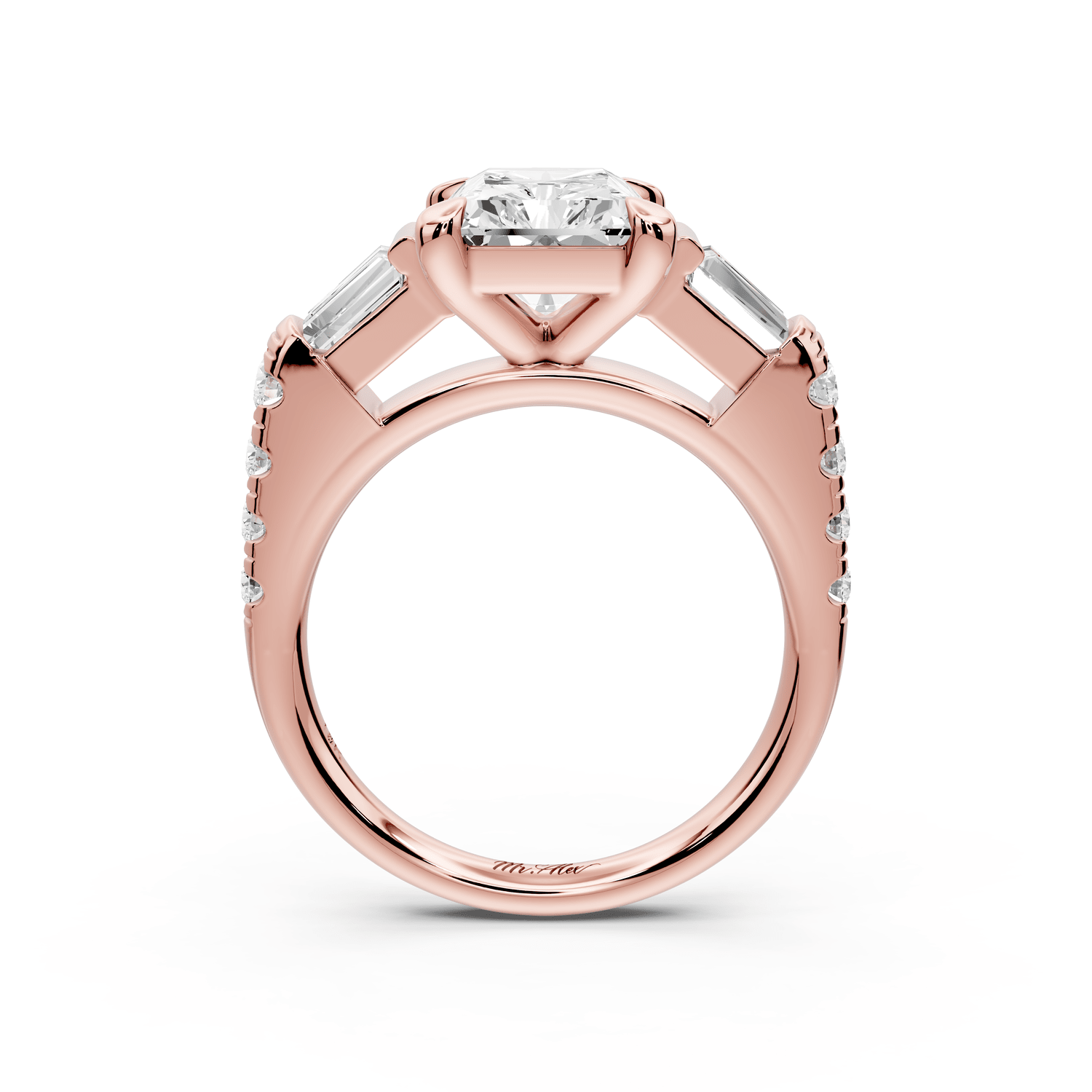 Aria - 3ct 18k rose gold radiant Diamond with tapered baguettes and round accent stones engagement ring - Mr. Alex Jewelry
