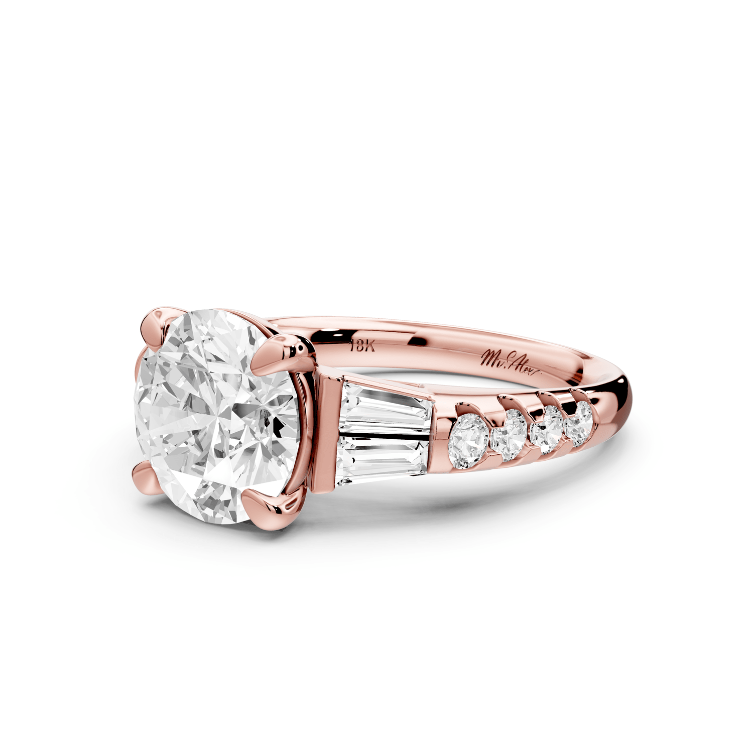 Aria - 3ct 18k rose gold round Diamond with tapered baguettes and round accent stones engagment ring - Mr. Alex Jewelry