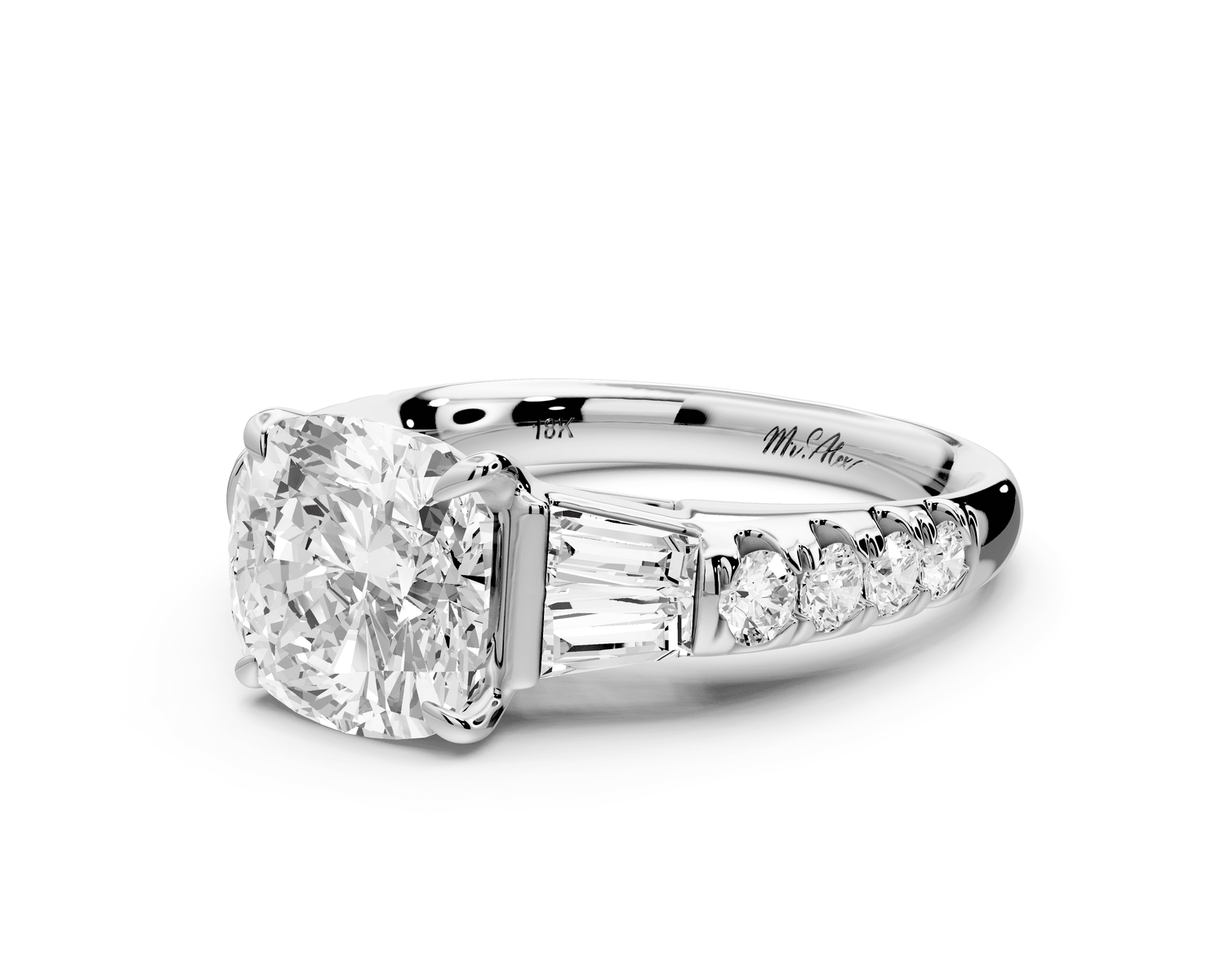 Aria - 3ct 18k white gold cushion Diamond with tapered baguettes and round accent stones engagement ring - Mr. Alex Jewelry