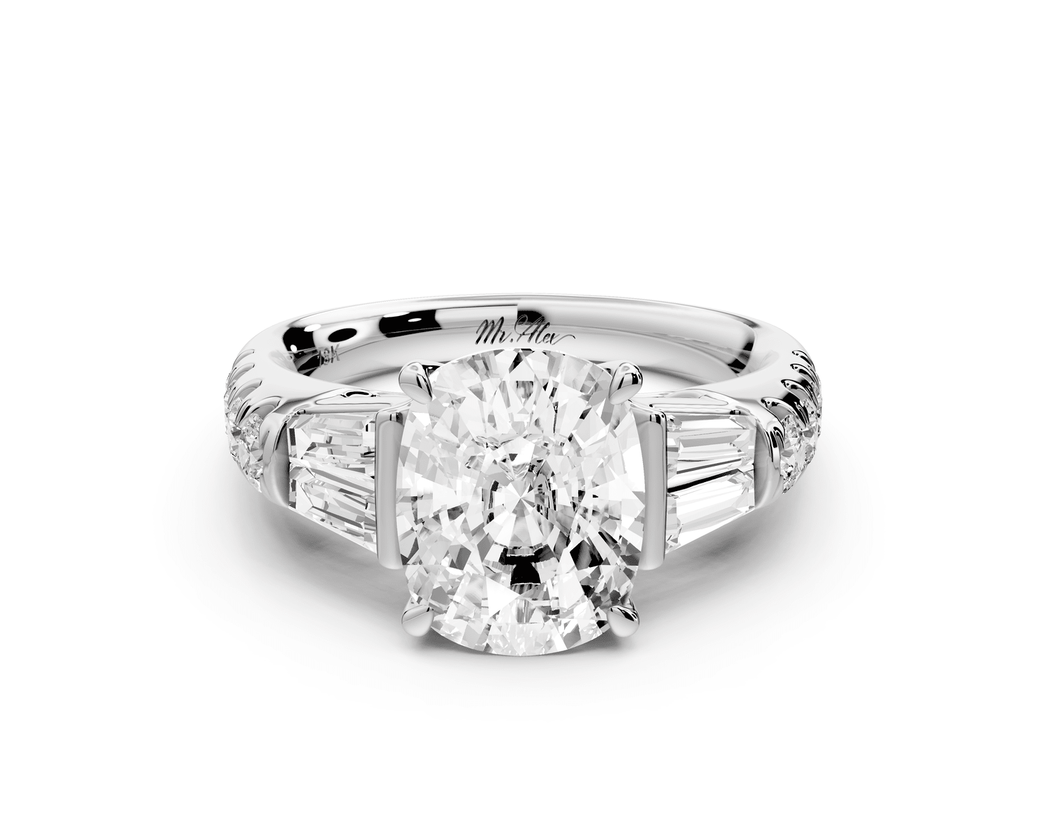 Aria - 3ct 18k white gold Elongated Cushion Diamond with tapered baguettes and round accent stones engagement ring - Mr. Alex Jewelry