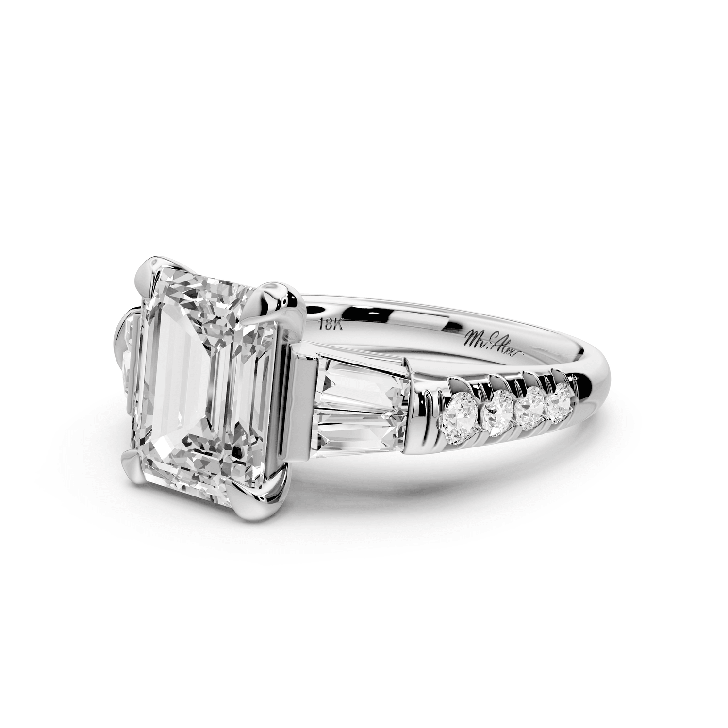 Aria - 3ct 18k white gold emerald Diamond with tapered baguettes and round accent stones Engagement ring - Mr. Alex Jewelry