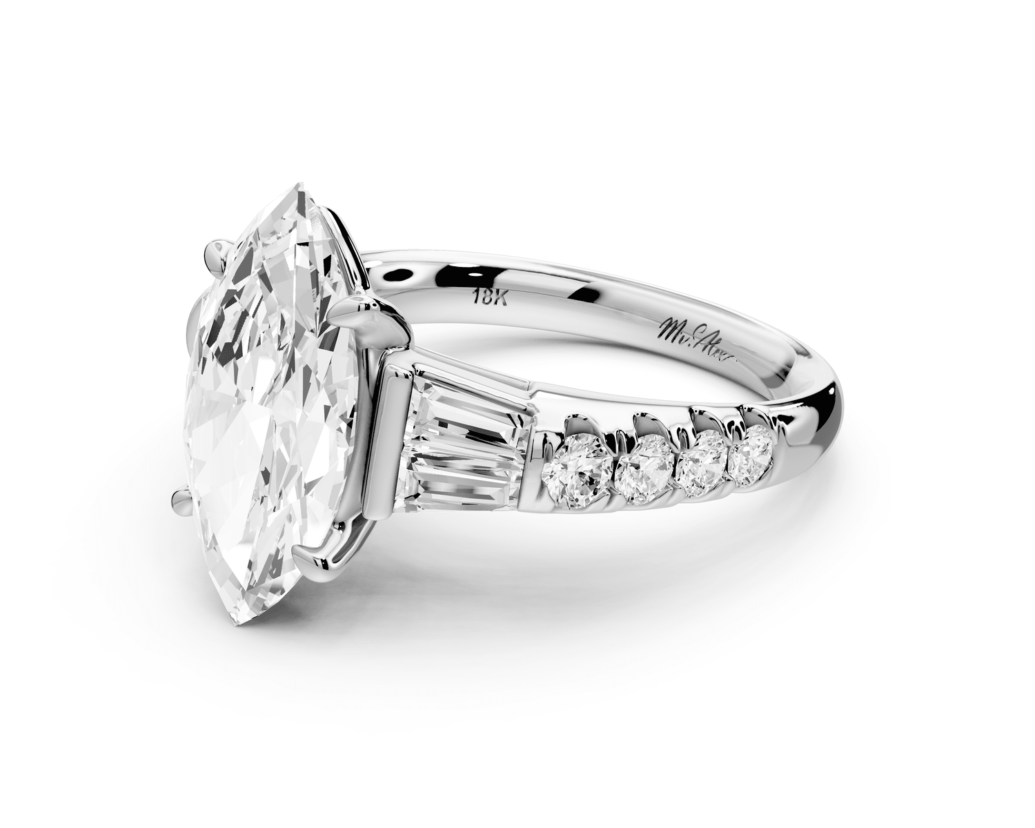 Aria - 3ct 18k white gold marquise Diamond with tapered baguettes and round accent stones engagement ring - Mr. Alex Jewelry