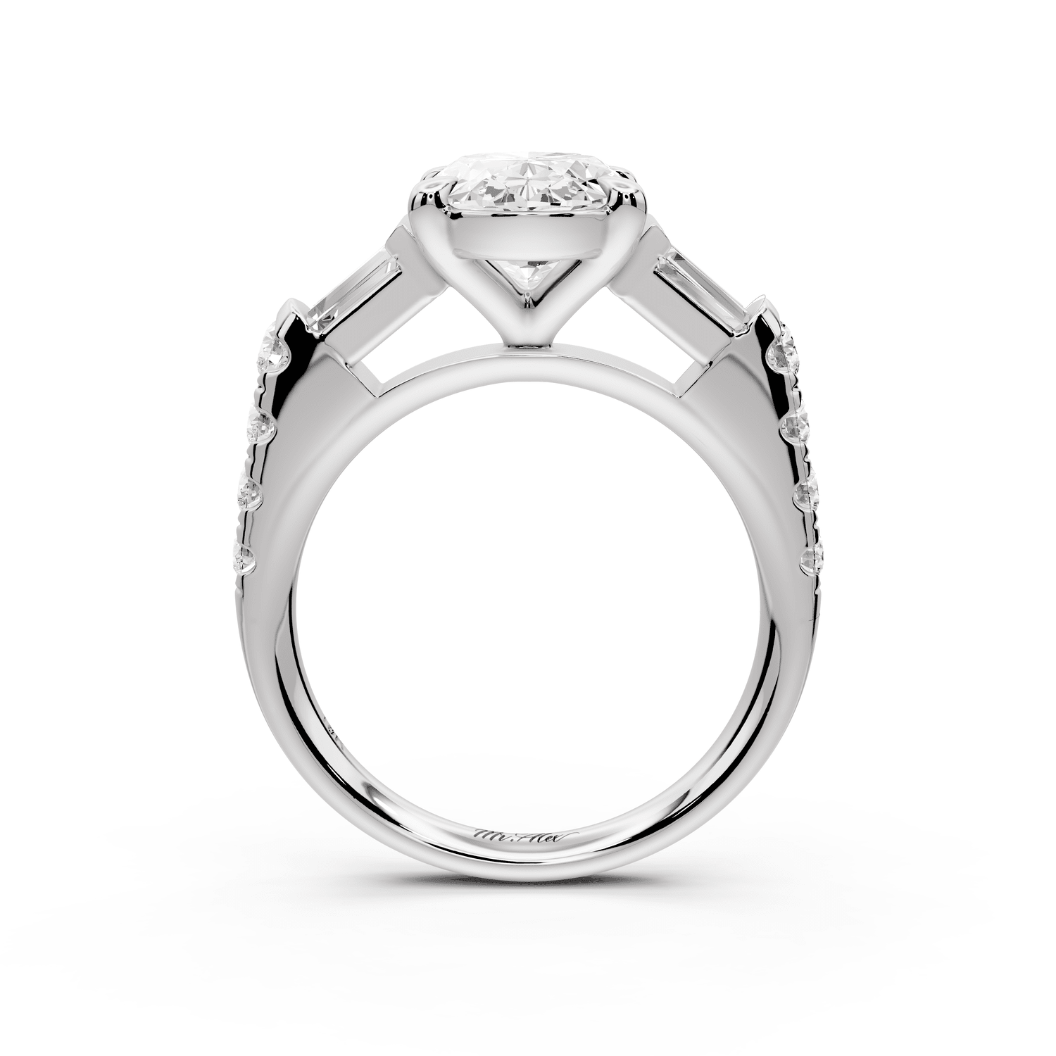 Aria - 3ct 18k white gold oval Diamond with tapered baguettes and round accent stones Engagement ring - Mr. Alex Jewelry