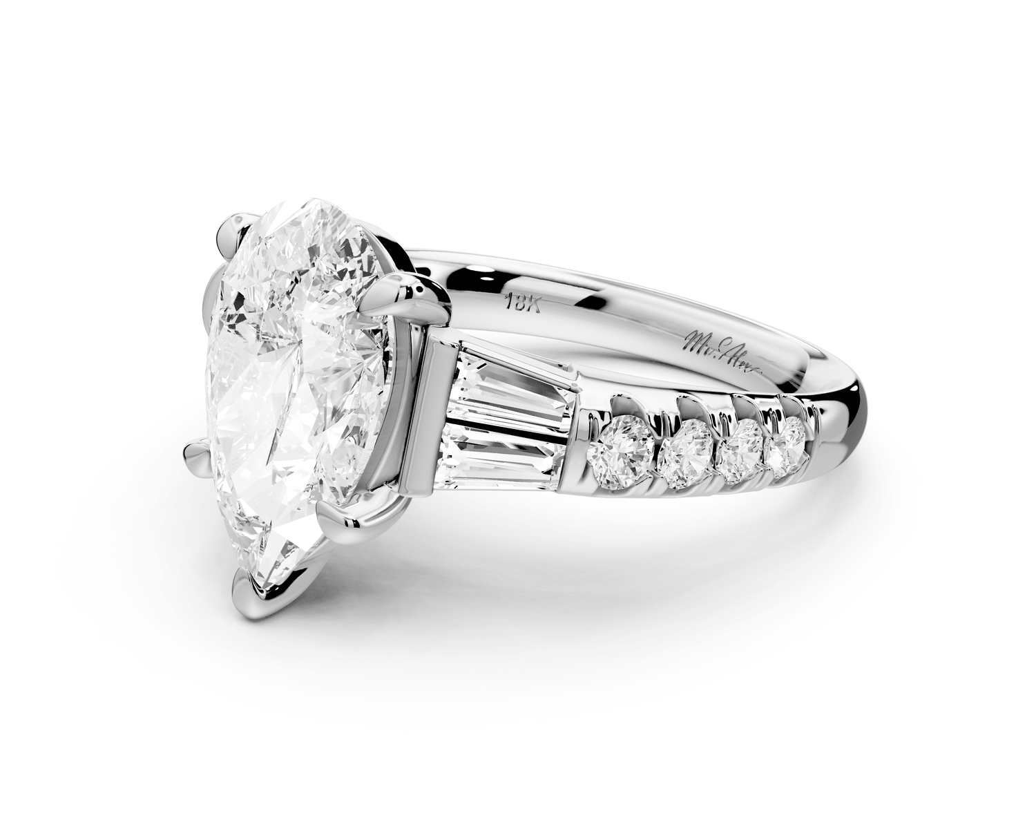 Aria - 3ct 18k white gold pear Diamond with tapered baguettes and round accent stones Engagement ring - Mr. Alex Jewelry