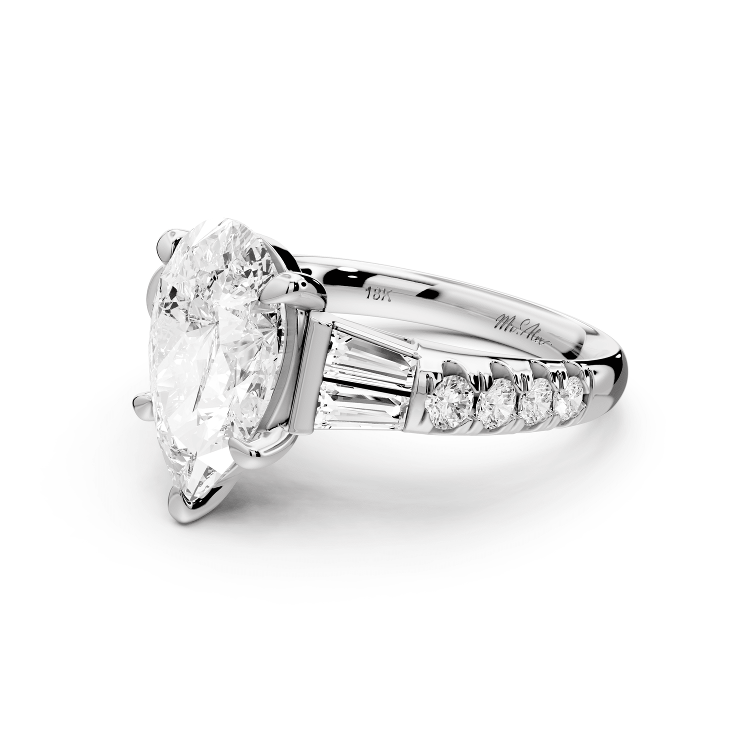 Aria - 3ct 18k white gold pear Diamond with tapered baguettes and round accent stones Engagement ring - Mr. Alex Jewelry