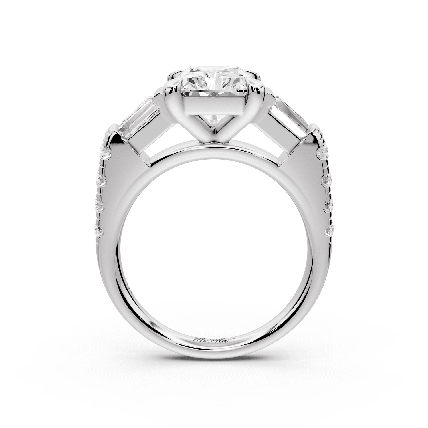 Aria - 3ct 18k white gold radiant Diamond with tapered baguettes and round accent stones engagement ring - Mr. Alex Jewelry