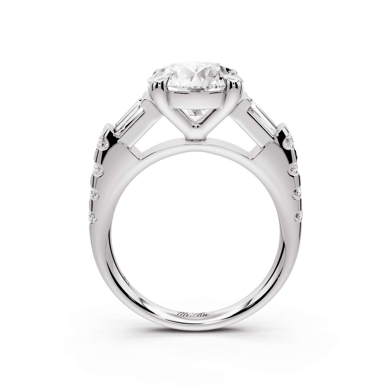 Aria - 3ct 18k white gold round Diamond with tapered baguettes and round accent stones engagment ring - Mr. Alex Jewelry