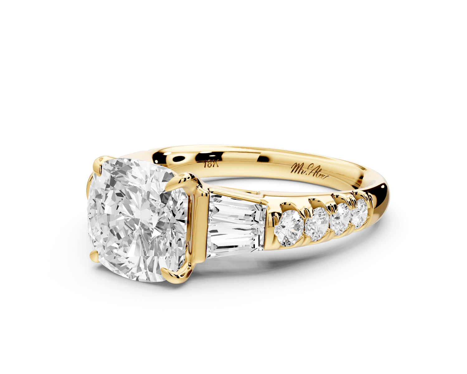 Aria - 3ct 18k yellow gold cushion Diamond with tapered baguettes and round accent stones engagement ring - Mr. Alex Jewelry