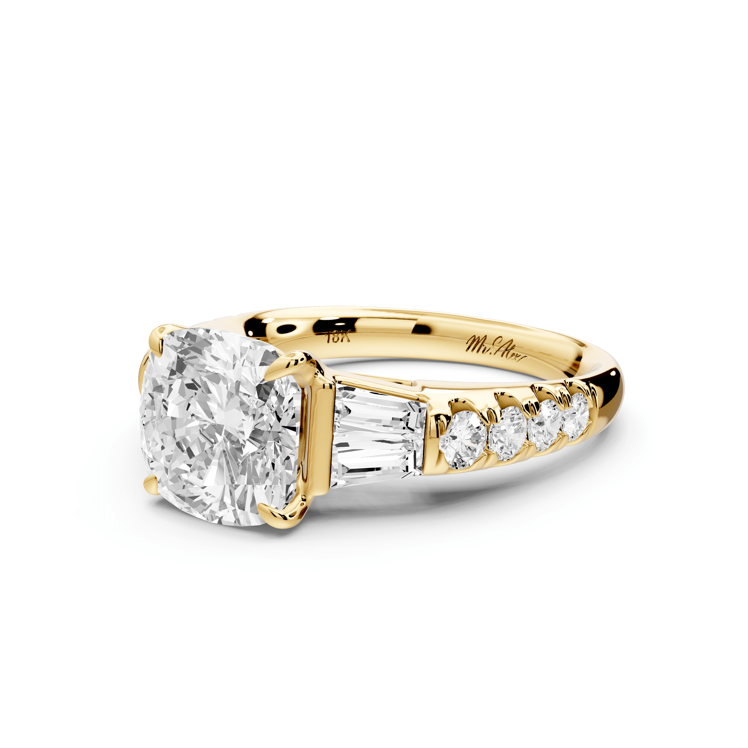 Aria - 3ct 18k yellow gold cushion Diamond with tapered baguettes and round accent stones engagement ring - Mr. Alex Jewelry