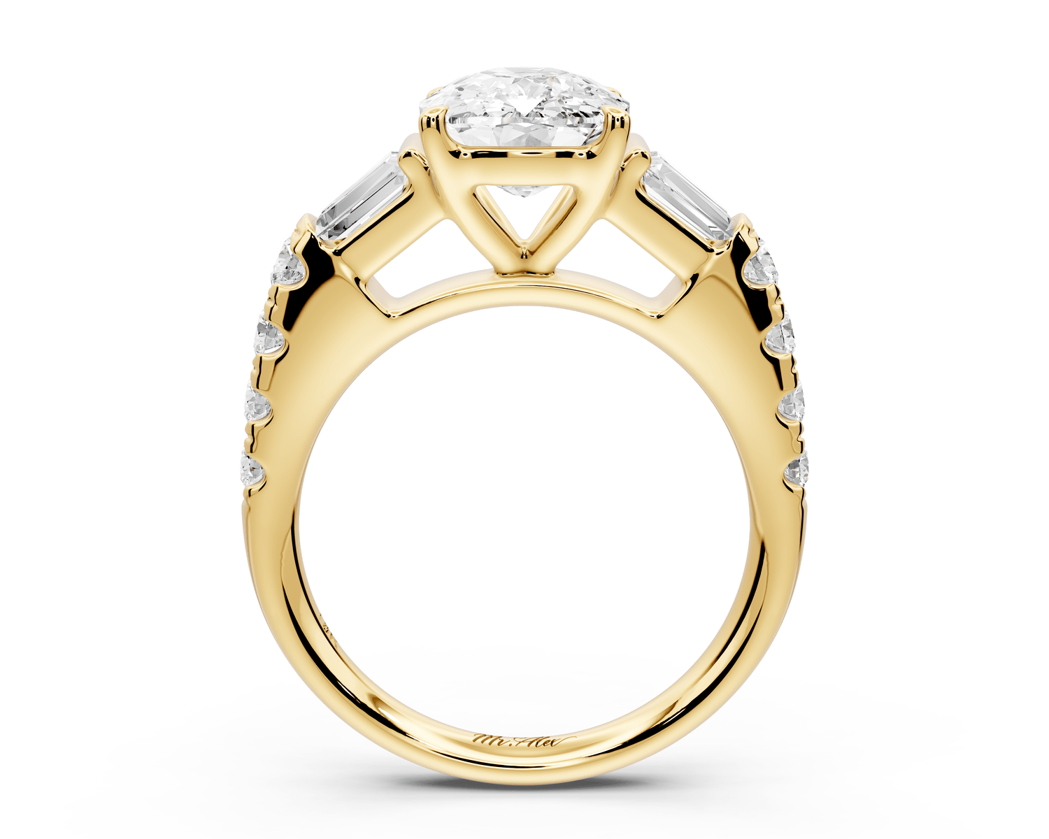 Aria - 3ct 18k yellow gold Elongated Cushion Diamond with tapered baguettes and round accent stones engagement ring - Mr. Alex Jewelry