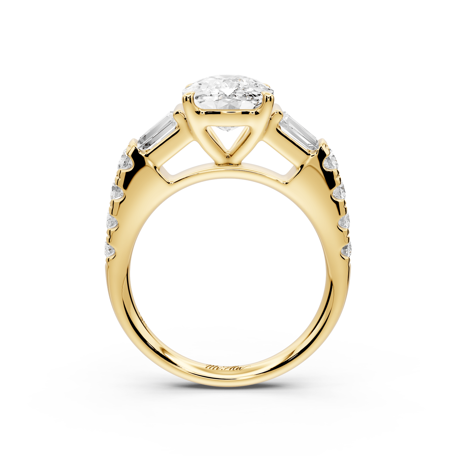 Aria - 3ct 18k yellow gold Elongated Cushion Diamond with tapered baguettes and round accent stones engagement ring - Mr. Alex Jewelry