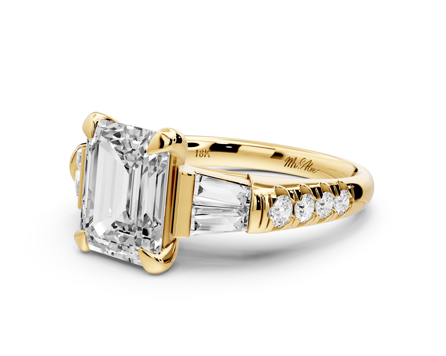 Aria - 3ct 18k yellow gold emerald Diamond with tapered baguettes and round accent stones Engagement ring - Mr. Alex Jewelry