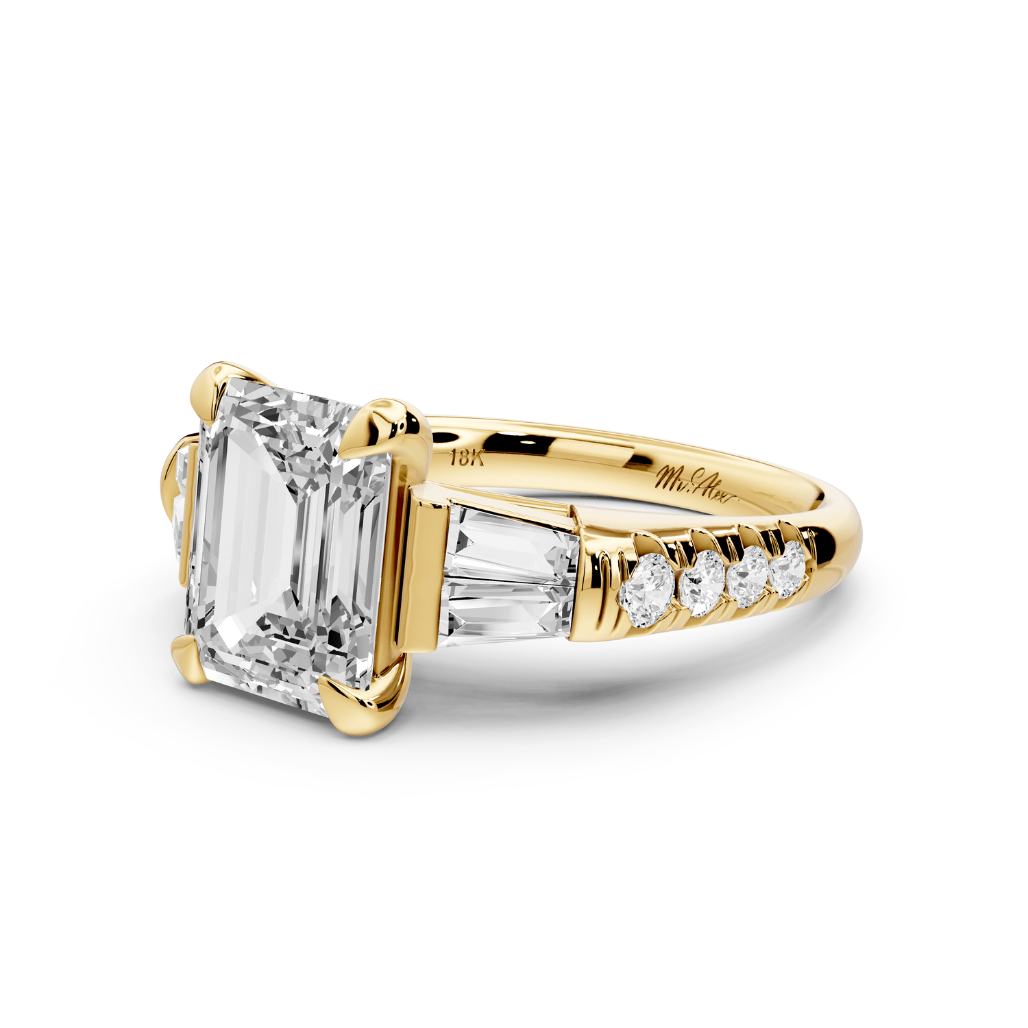 Aria - 3ct 18k yellow gold emerald Diamond with tapered baguettes and round accent stones Engagement ring - Mr. Alex Jewelry