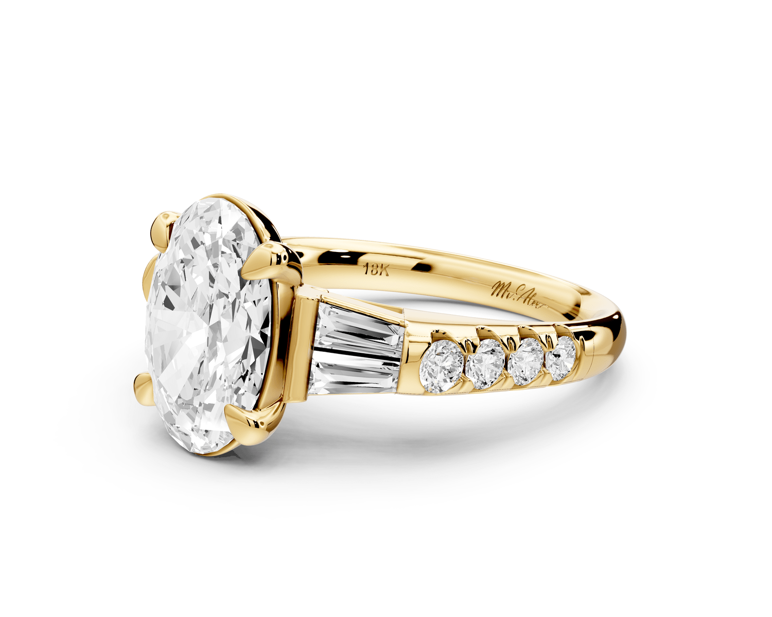 Aria - 3ct 18k yellow gold oval Diamond with tapered baguettes and round accent stones Engagement ring - Mr. Alex Jewelry
