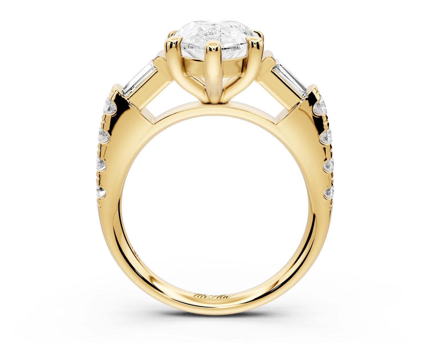 Aria - 3ct 18k yellow gold pear Diamond with tapered baguettes and round accent stones Engagement ring - Mr. Alex Jewelry
