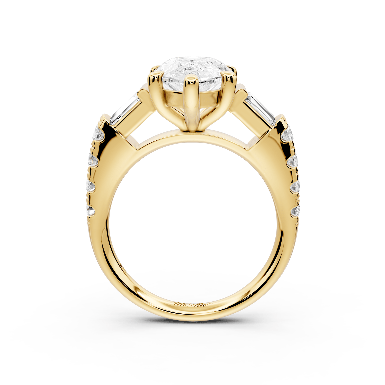Aria - 3ct 18k yellow gold pear Diamond with tapered baguettes and round accent stones Engagement ring - Mr. Alex Jewelry