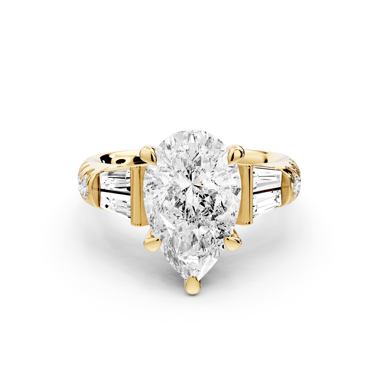 Aria - 3ct 18k yellow gold pear Diamond with tapered baguettes and round accent stones Engagement ring - Mr. Alex Jewelry