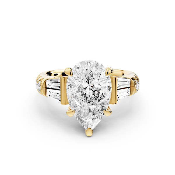 Aria - 3ct 18k yellow gold pear Diamond with tapered baguettes and round accent stones Engagement ring - Mr. Alex Jewelry