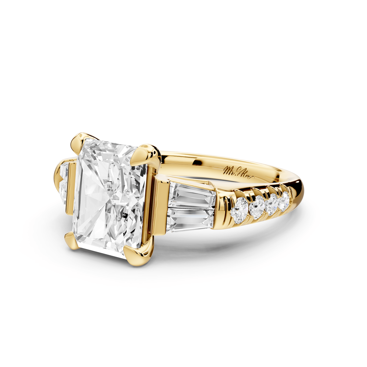 Aria - 3ct 18k yellow gold radiant Diamond with tapered baguettes and round accent stones engagement ring - Mr. Alex Jewelry