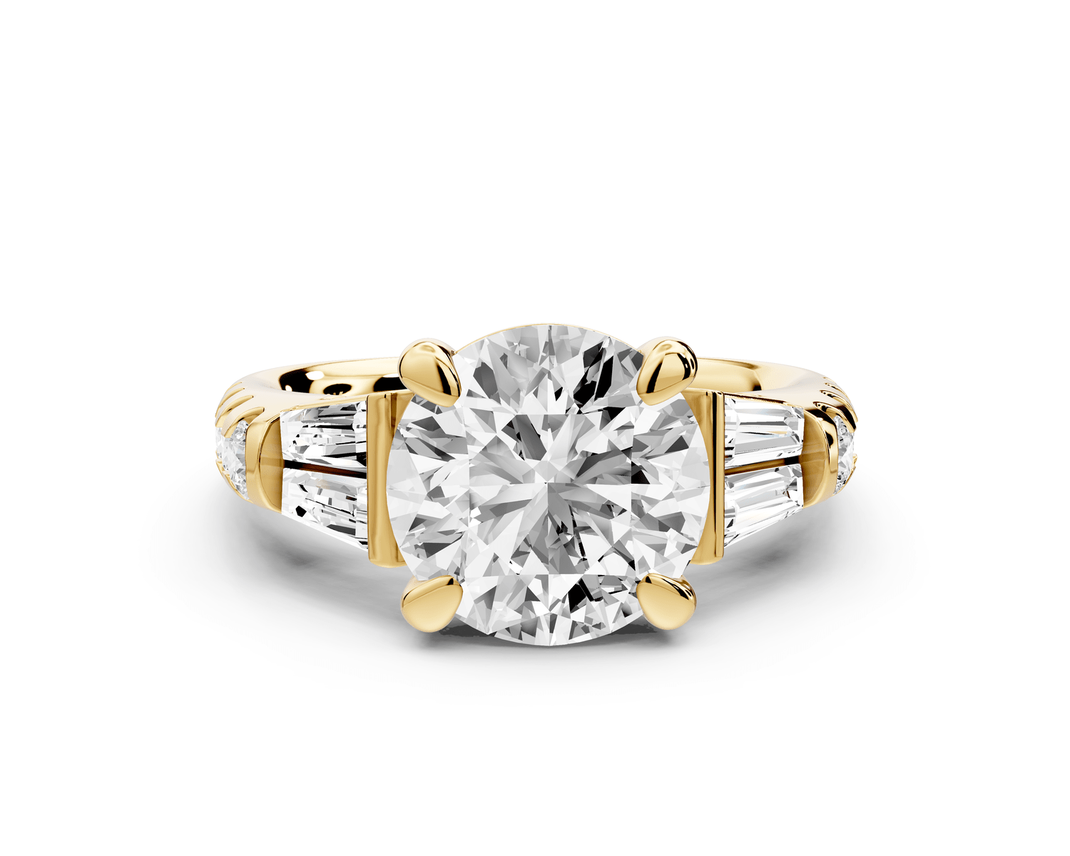 Aria - 3ct 18k yellow gold round Diamond with tapered baguettes and round accent stones engagment ring - Mr. Alex Jewelry