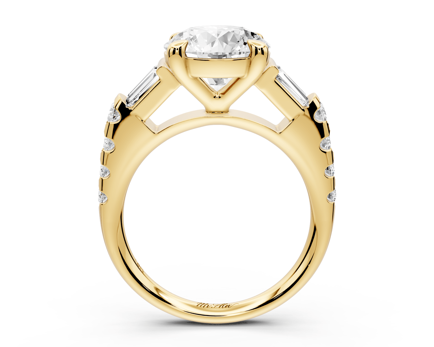 Aria - 3ct 18k yellow gold round Diamond with tapered baguettes and round accent stones engagment ring - Mr. Alex Jewelry