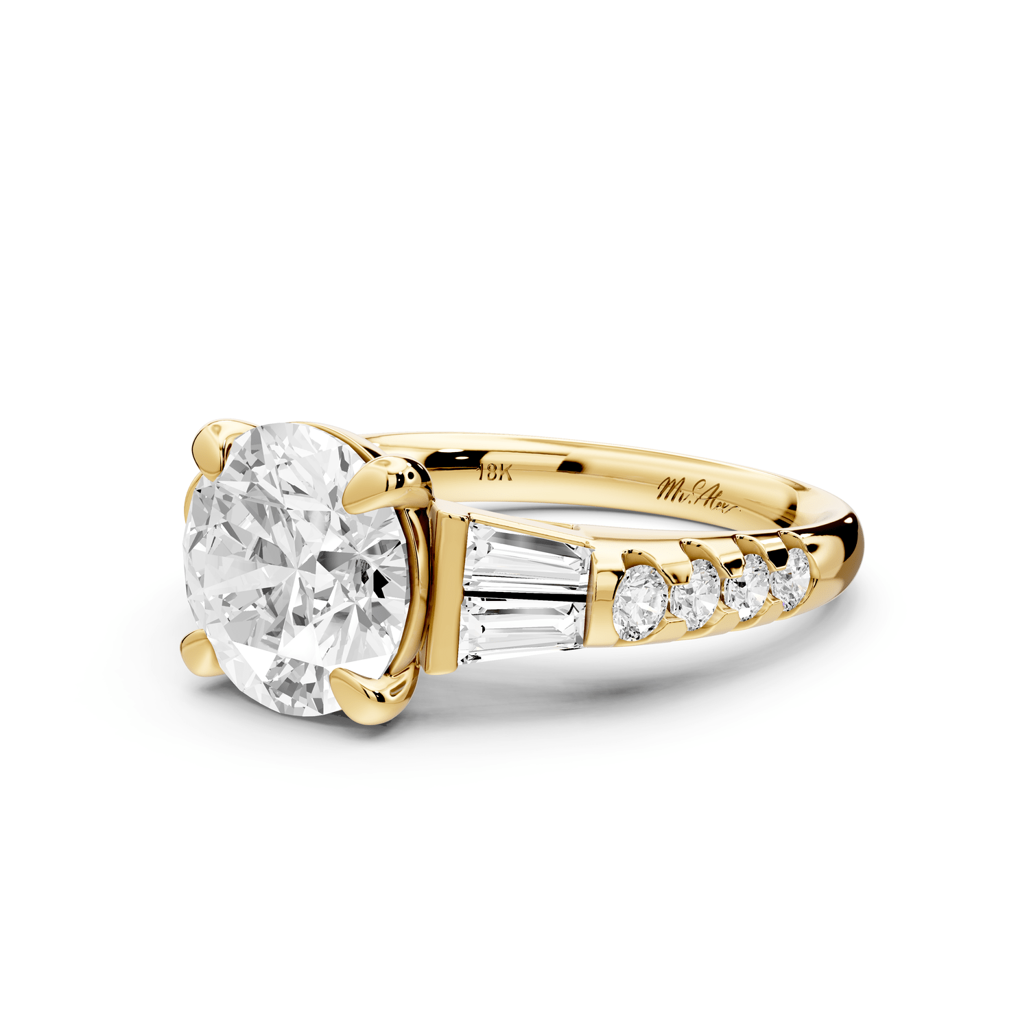 Aria - 3ct 18k yellow gold round Diamond with tapered baguettes and round accent stones engagment ring - Mr. Alex Jewelry