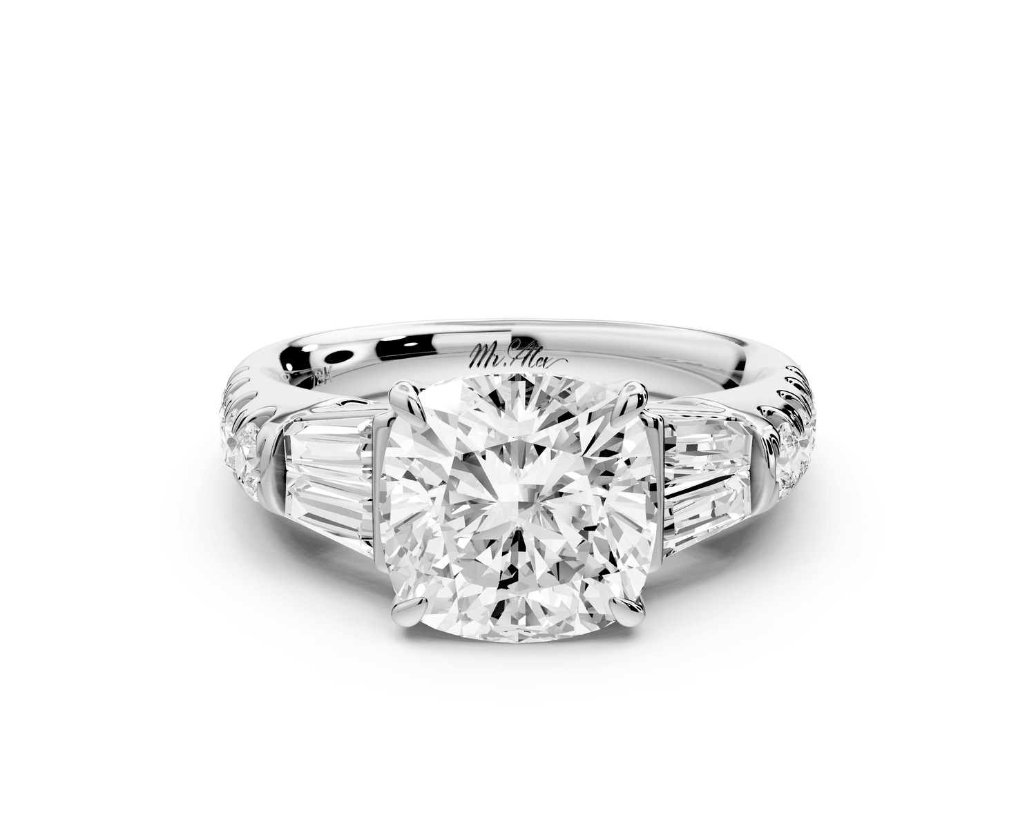 Aria - 3ct platinum cushion Diamond with tapered baguettes and round accent stones engagement ring - Mr. Alex Jewelry
