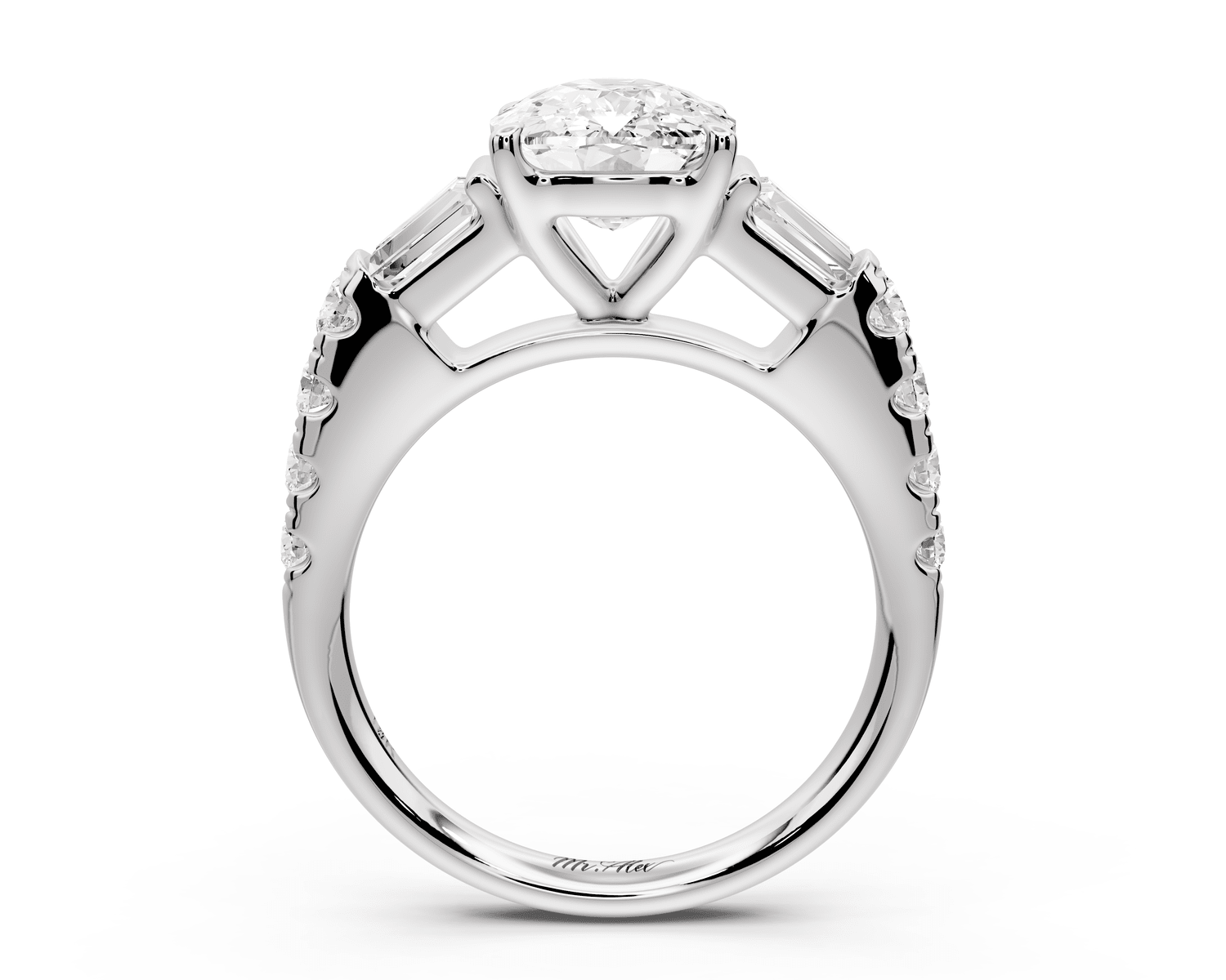 Aria - 3ct platinum Elongated Cushion Diamond with tapered baguettes and round accent stones engagement ring - Mr. Alex Jewelry